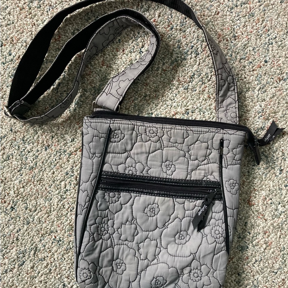 THIRTY-ONE Gray Quilted Poppy Floral Crossbody Adjustable Cotton Shoulder Bag